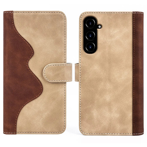 For Samsung Galaxy S23 FE Dual-color Splicing PU Leather Shell Flip Wallet Stand Phone Case - Yellow - 1