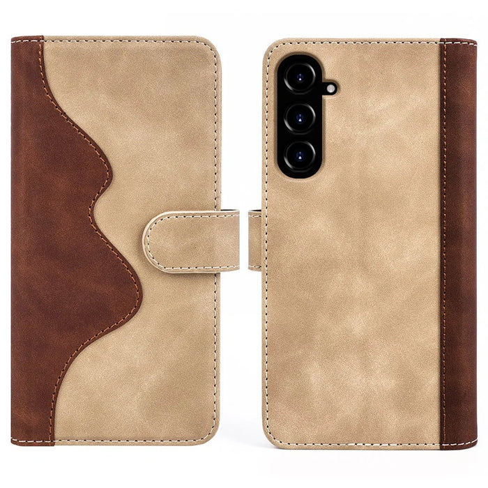 For Samsung Galaxy S23 FE Dual-color Splicing PU Leather Shell Flip Wallet Stand Phone Case - Yellow - 1