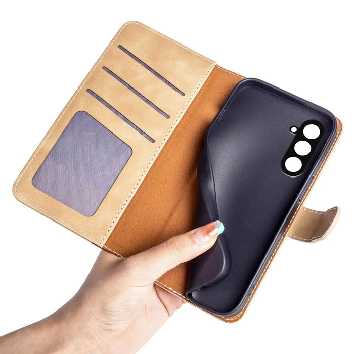 For Samsung Galaxy S23 FE Dual-color Splicing PU Leather Shell Flip Wallet Stand Phone Case - Yellow - 5