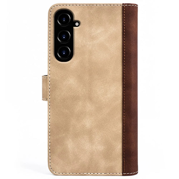 For Samsung Galaxy S23 FE Dual-color Splicing PU Leather Shell Flip Wallet Stand Phone Case - Yellow - 7