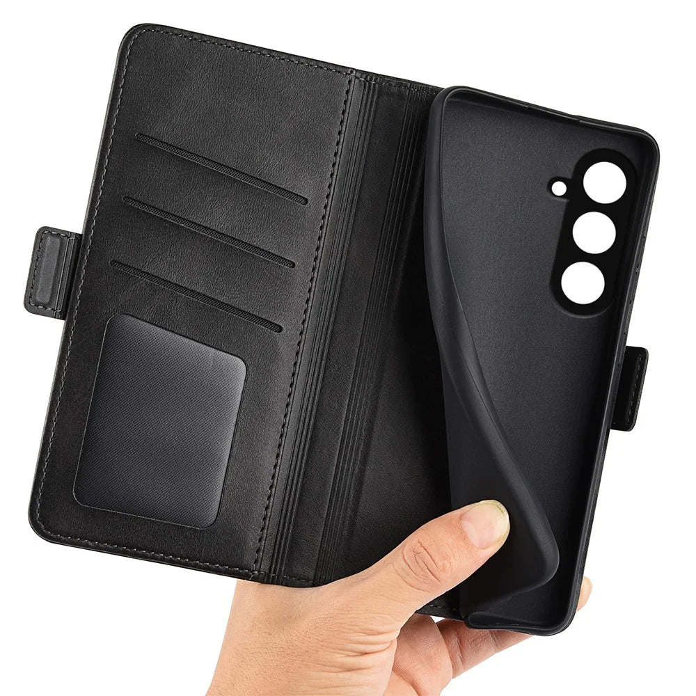 For Samsung Galaxy S23 FE Calf Texture Cover PU Leather Wallet Phone Case with  Stand - Black - 5