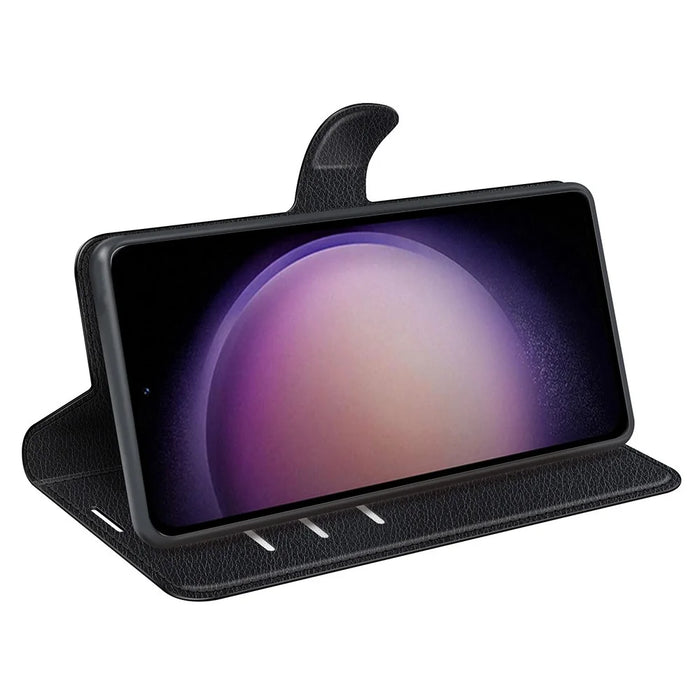 For Samsung Galaxy S23 FE Litchi Texture Magnetic Clasp Stand Cover PU Leather Wallet Phone Case - Black - 3