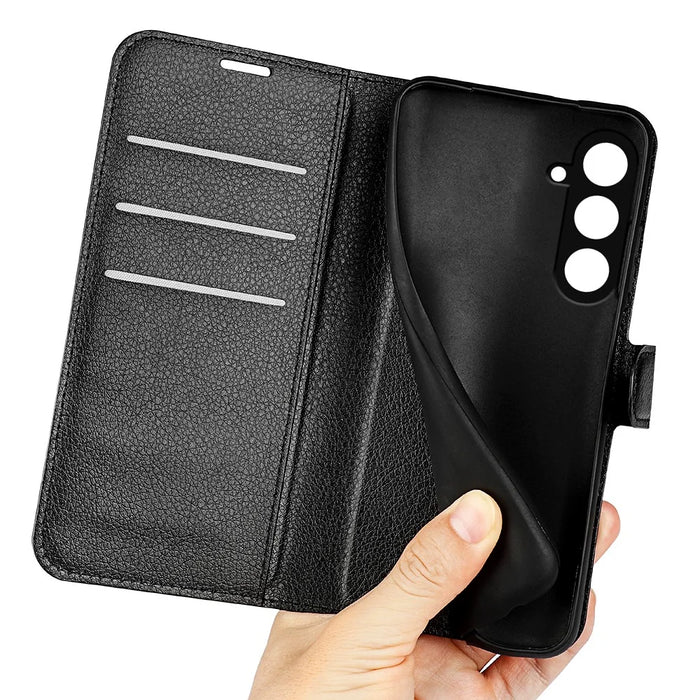 For Samsung Galaxy S23 FE Litchi Texture Magnetic Clasp Stand Cover PU Leather Wallet Phone Case - Black - 5