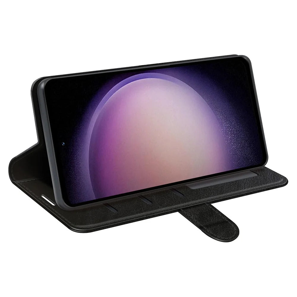 For Samsung Galaxy S23 FE Anti-collision Crazy Horse Texture Phone Case PU Leather Wallet Stand Cover - Black - 3