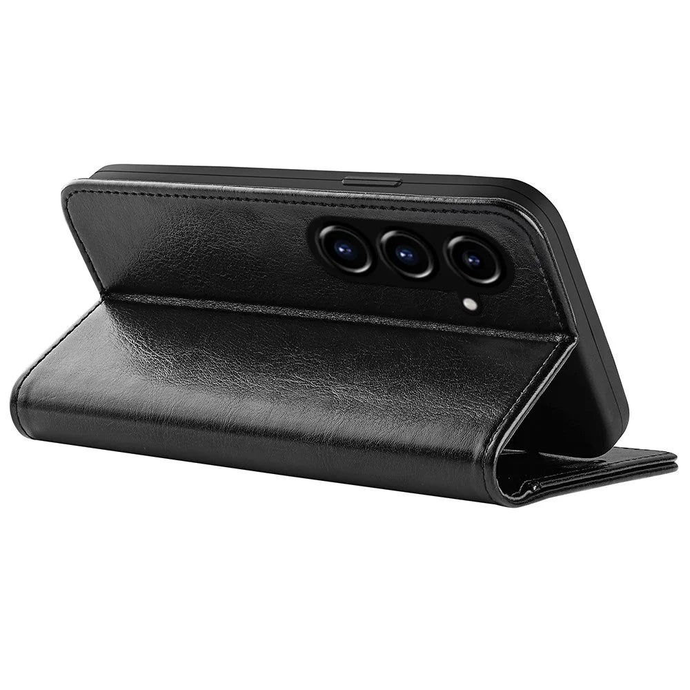 For Samsung Galaxy S23 FE Anti-collision Crazy Horse Texture Phone Case PU Leather Wallet Stand Cover - Black - 4