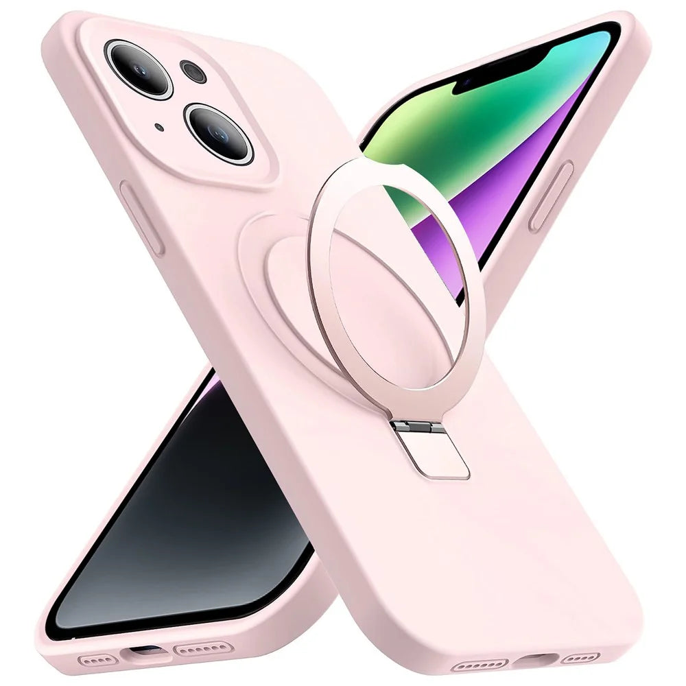 For iPhone 14 Magnetic Phone Case Hidden Kickstand Protective Cover Shockproof Liquid Silicone Shell - Pink - 1