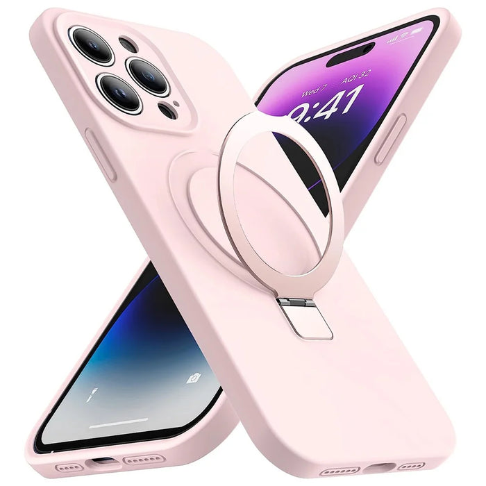 For iPhone 14 Pro Shockproof Liquid Silicone Magnetic Phone Case Kickstand Protective Cover - Pink - 1
