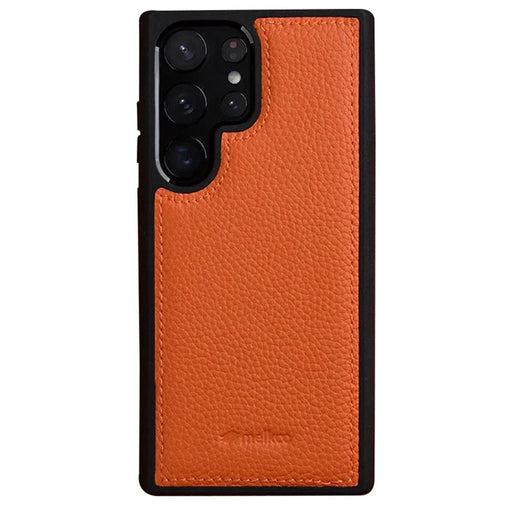 MELKCO For Samsung Galaxy S23 Ultra Phone Cover Genuine Cow Leather Coated Hard PC Slim Case - Orange - 1