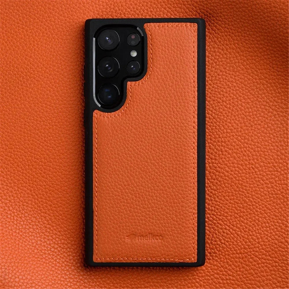MELKCO For Samsung Galaxy S23 Ultra Phone Cover Genuine Cow Leather Coated Hard PC Slim Case - Orange - 2