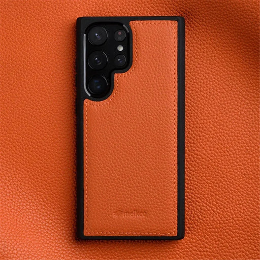 MELKCO For Samsung Galaxy S23 Ultra Phone Cover Genuine Cow Leather Coated Hard PC Slim Case - Orange - 2