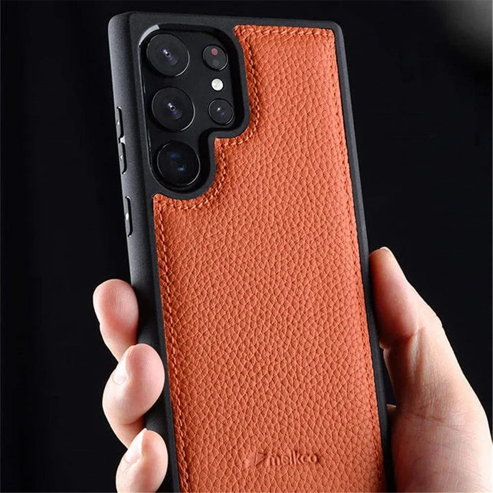MELKCO For Samsung Galaxy S23 Ultra Phone Cover Genuine Cow Leather Coated Hard PC Slim Case - Orange - 3