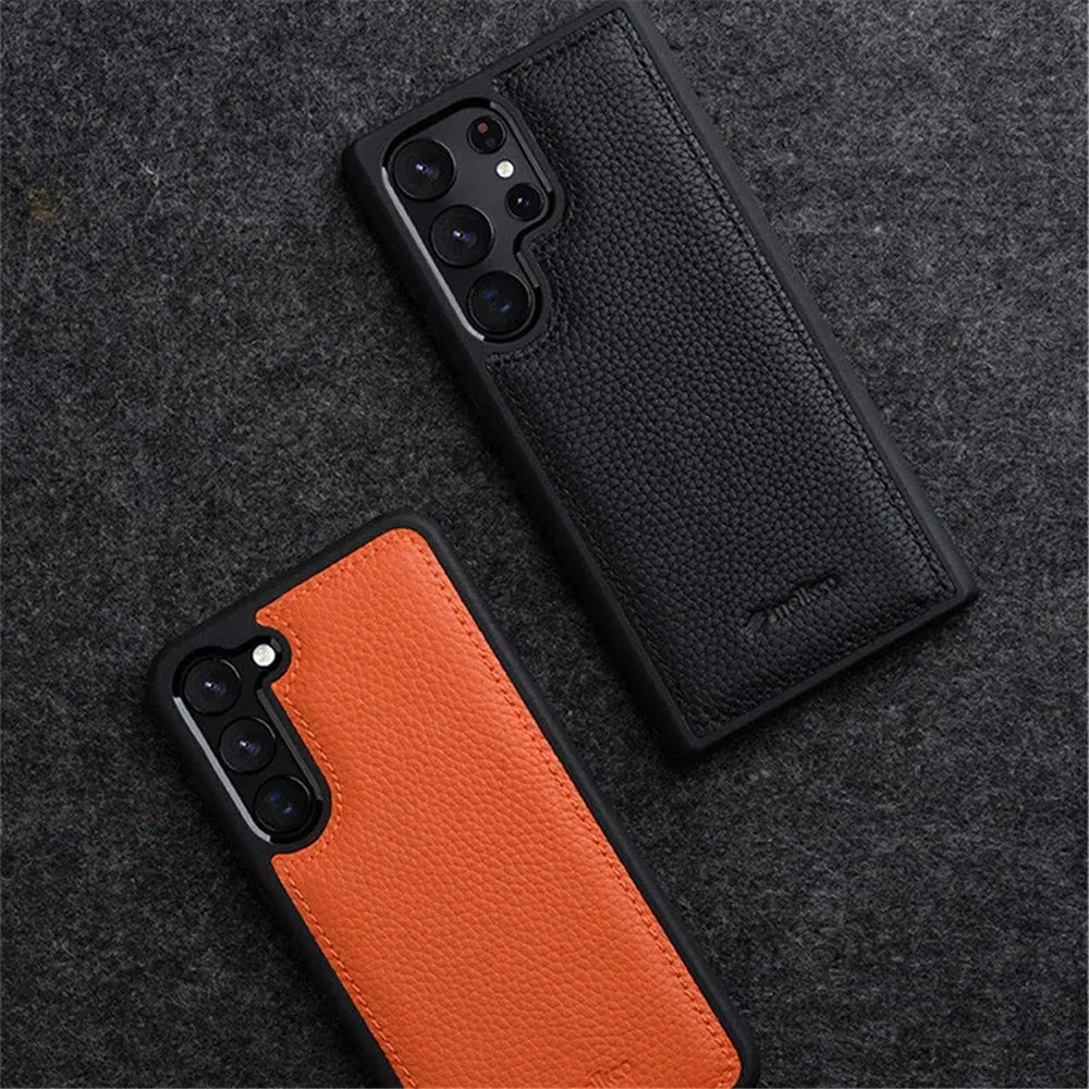 MELKCO For Samsung Galaxy S23 Ultra Phone Cover Genuine Cow Leather Coated Hard PC Slim Case - Orange - 4