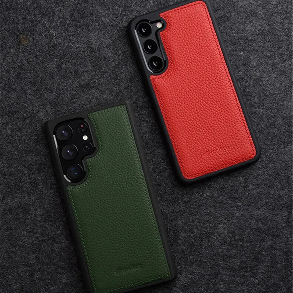 MELKCO For Samsung Galaxy S23 Ultra Phone Cover Genuine Cow Leather Coated Hard PC Slim Case - Orange - 6