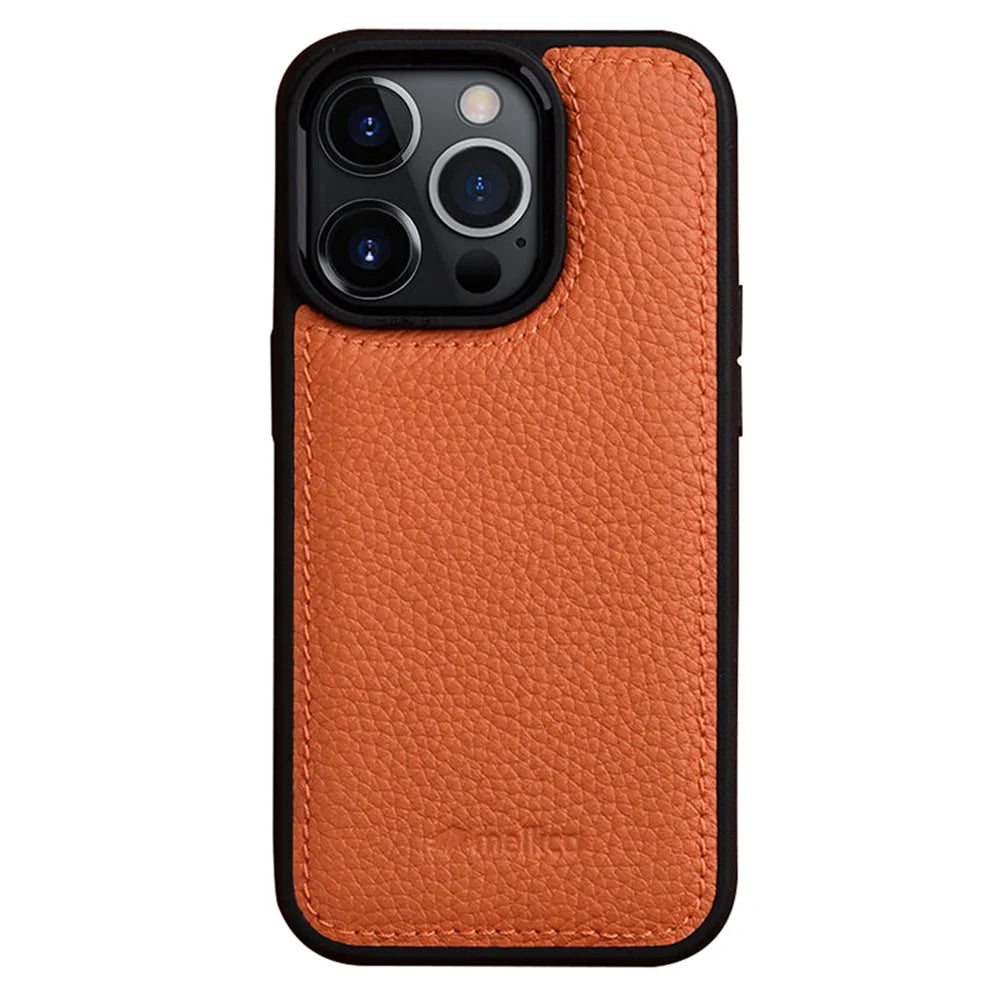MELKCO For iPhone 14 Pro Max Protective Cover Genuine Cow Leather+Microfiber Leather+PC Phone Case - Orange - 1
