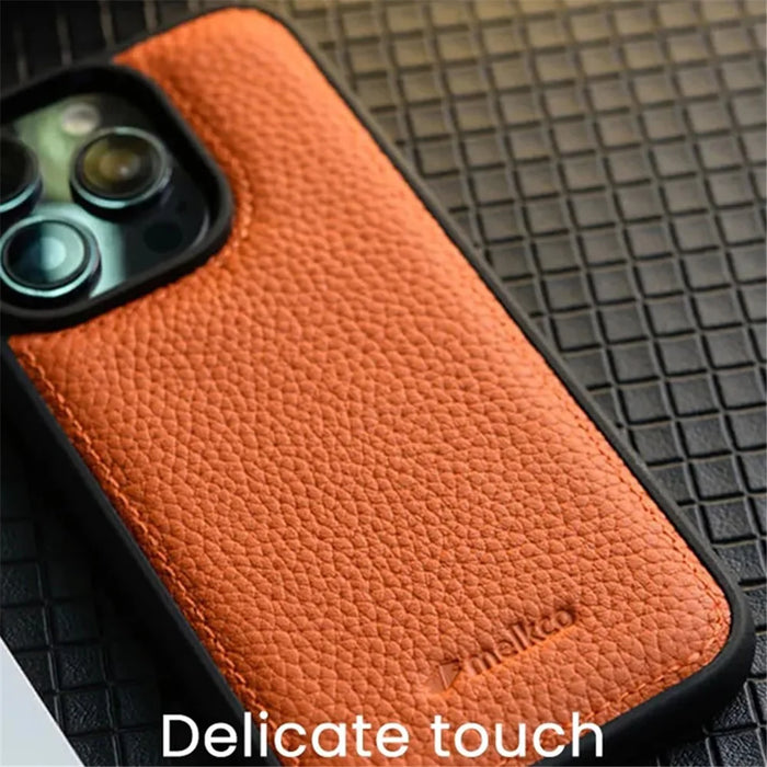 MELKCO For iPhone 14 Pro Max Protective Cover Genuine Cow Leather+Microfiber Leather+PC Phone Case - Orange - 2