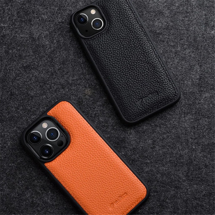 MELKCO For iPhone 14 Pro Max Protective Cover Genuine Cow Leather+Microfiber Leather+PC Phone Case - Orange - 6