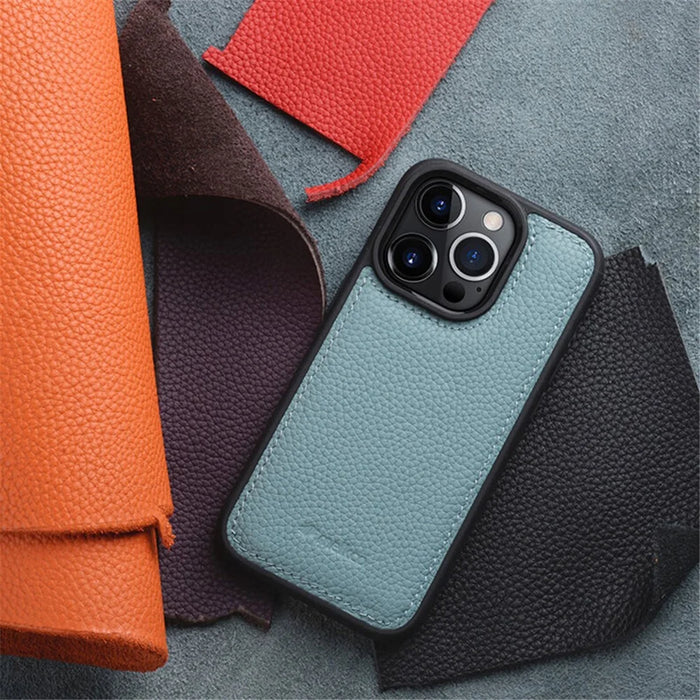 MELKCO For iPhone 14 Pro Max Protective Cover Genuine Cow Leather+Microfiber Leather+PC Phone Case - Orange - 7