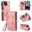 For iPhone 15 RFID Blocking Stand Leather Case Drop-proof Phone Cover Zipper Pocket Wallet with Strap - Pink - 1