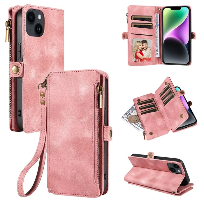 For iPhone 15 RFID Blocking Stand Leather Case Drop-proof Phone Cover Zipper Pocket Wallet with Strap - Pink - 1