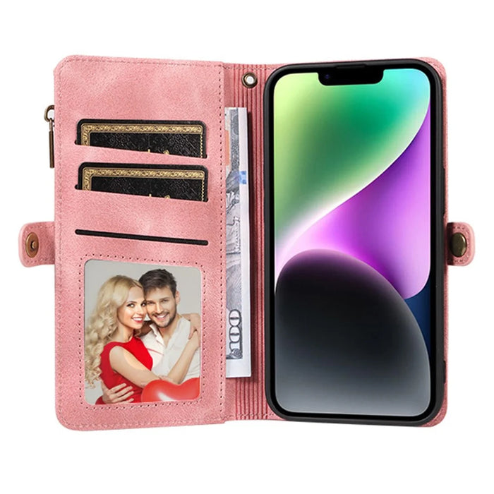 For iPhone 15 RFID Blocking Stand Leather Case Drop-proof Phone Cover Zipper Pocket Wallet with Strap - Pink - 2