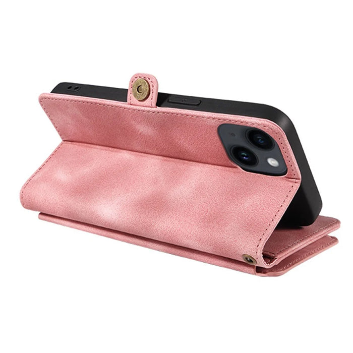 For iPhone 15 RFID Blocking Stand Leather Case Drop-proof Phone Cover Zipper Pocket Wallet with Strap - Pink - 3