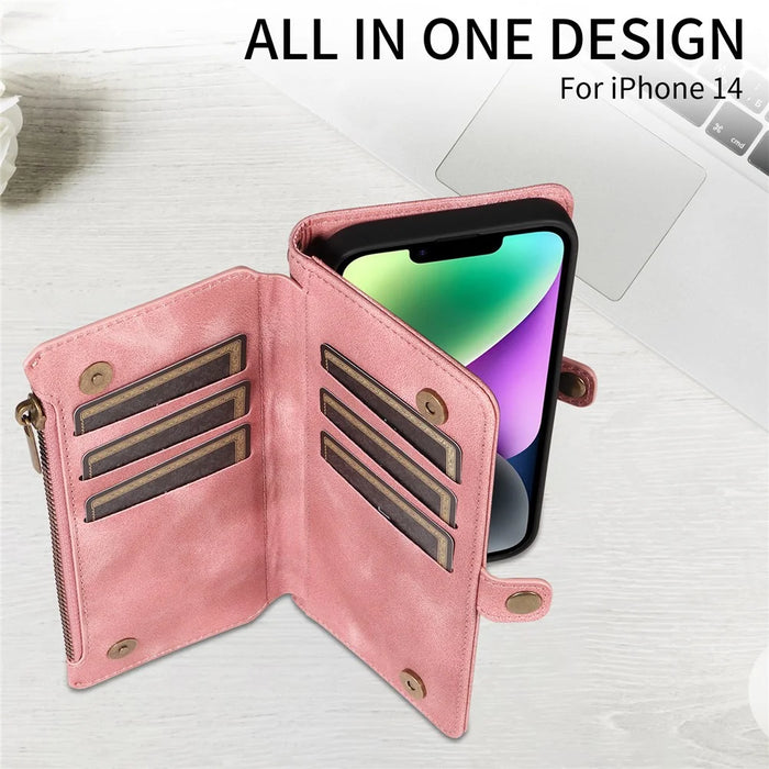 For iPhone 15 RFID Blocking Stand Leather Case Drop-proof Phone Cover Zipper Pocket Wallet with Strap - Pink - 4