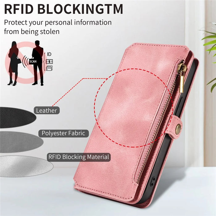 For iPhone 15 RFID Blocking Stand Leather Case Drop-proof Phone Cover Zipper Pocket Wallet with Strap - Pink - 6