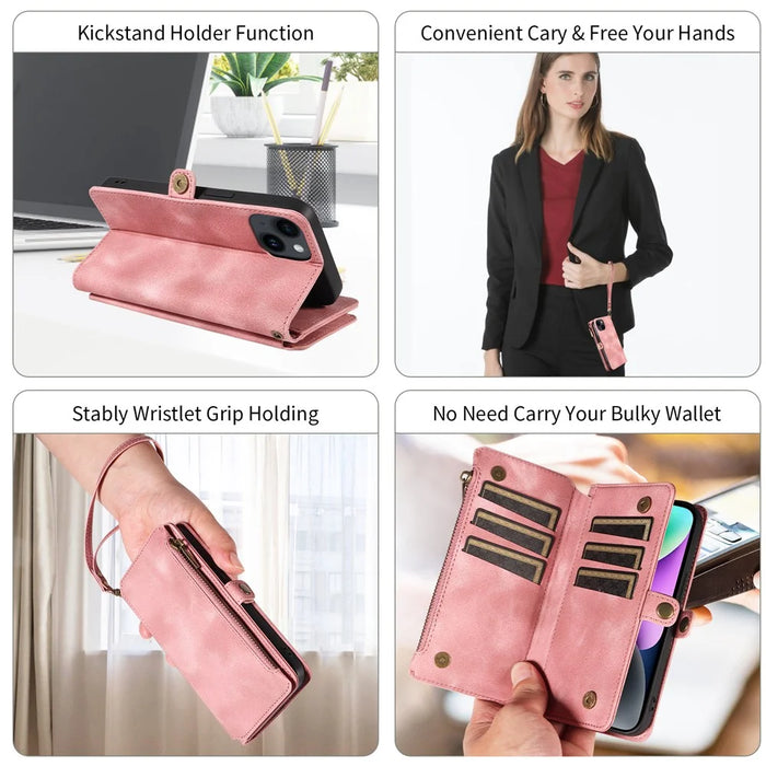 For iPhone 15 RFID Blocking Stand Leather Case Drop-proof Phone Cover Zipper Pocket Wallet with Strap - Pink - 7