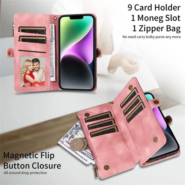 For iPhone 15 Plus Anti-Scratch Phone Cover Zipper Pocket Wallet RFID Blocking Stand Leather Case with Strap - Pink - 5