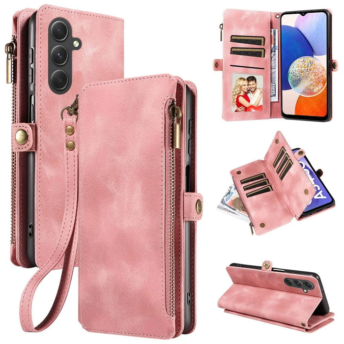 For Samsung Galaxy A14 4G / 5G Zipper Pocket Viewing Stand Wallet Leather Case Phone Cover with Strap - Pink - 1