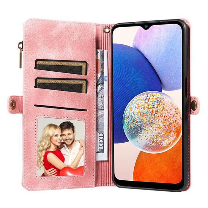 For Samsung Galaxy A14 4G / 5G Zipper Pocket Viewing Stand Wallet Leather Case Phone Cover with Strap - Pink - 2