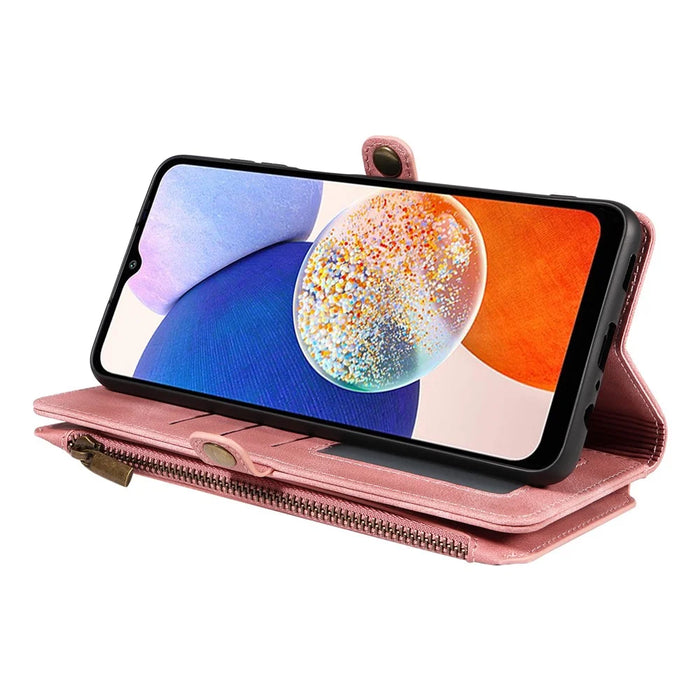 For Samsung Galaxy A14 4G / 5G Zipper Pocket Viewing Stand Wallet Leather Case Phone Cover with Strap - Pink - 3