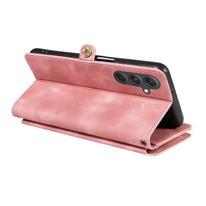 For Samsung Galaxy A14 4G / 5G Zipper Pocket Viewing Stand Wallet Leather Case Phone Cover with Strap - Pink - 4