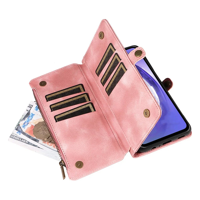 For Samsung Galaxy A14 4G / 5G Zipper Pocket Viewing Stand Wallet Leather Case Phone Cover with Strap - Pink - 5