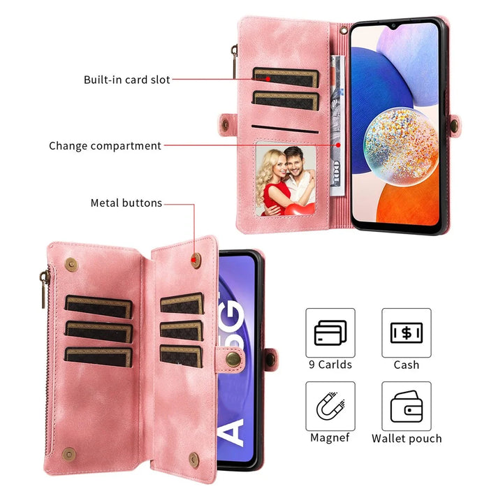 For Samsung Galaxy A14 4G / 5G Zipper Pocket Viewing Stand Wallet Leather Case Phone Cover with Strap - Pink - 6