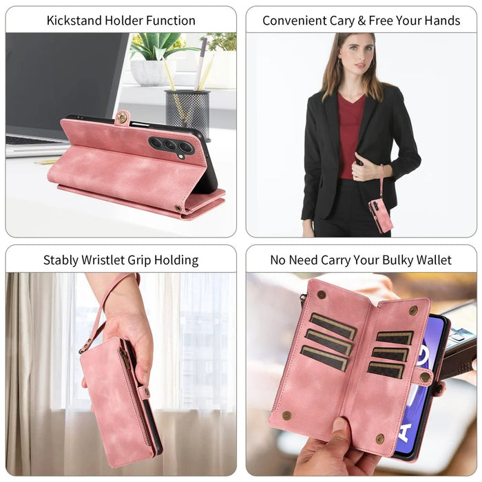 For Samsung Galaxy A14 4G / 5G Zipper Pocket Viewing Stand Wallet Leather Case Phone Cover with Strap - Pink - 7