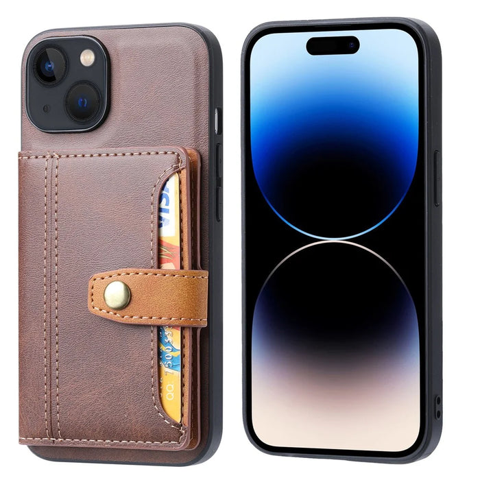 For iPhone 15 Calf Texture Card Holder Kickstand Phone Case PU Leather Coated TPU Anti-fall Cover - Brown - 2