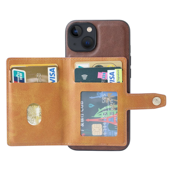 For iPhone 15 Calf Texture Card Holder Kickstand Phone Case PU Leather Coated TPU Anti-fall Cover - Brown - 3