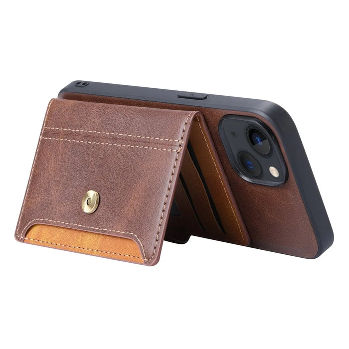 For iPhone 15 Calf Texture Card Holder Kickstand Phone Case PU Leather Coated TPU Anti-fall Cover - Brown - 4