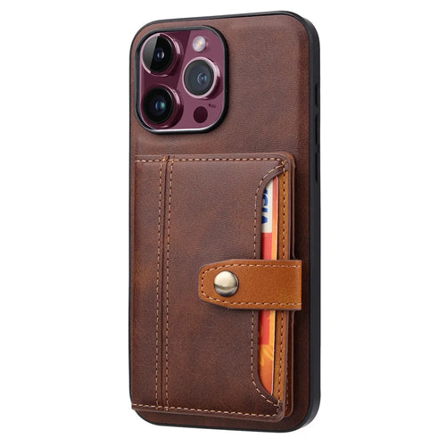 For iPhone 15 Pro Calf Texture PU Leather + TPU Phone Cover Kickstand Card Holder Protective Case - Brown - 1
