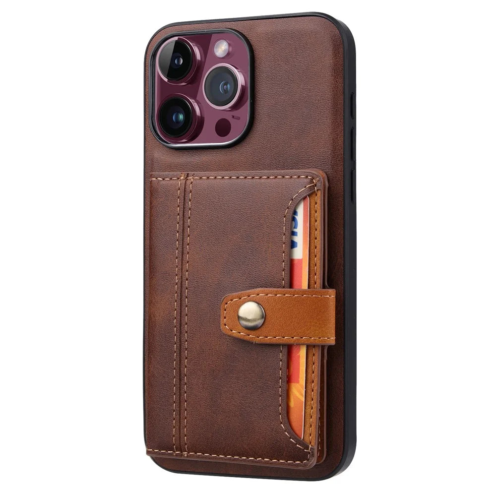 For iPhone 15 Pro Calf Texture PU Leather + TPU Phone Cover Kickstand Card Holder Protective Case - Brown - 1