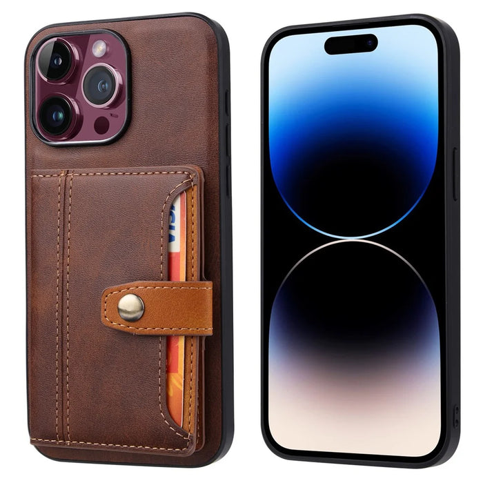 For iPhone 15 Pro Calf Texture PU Leather + TPU Phone Cover Kickstand Card Holder Protective Case - Brown - 2