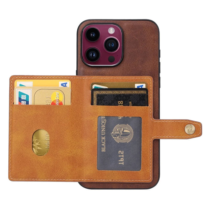 For iPhone 15 Pro Calf Texture PU Leather + TPU Phone Cover Kickstand Card Holder Protective Case - Brown - 3