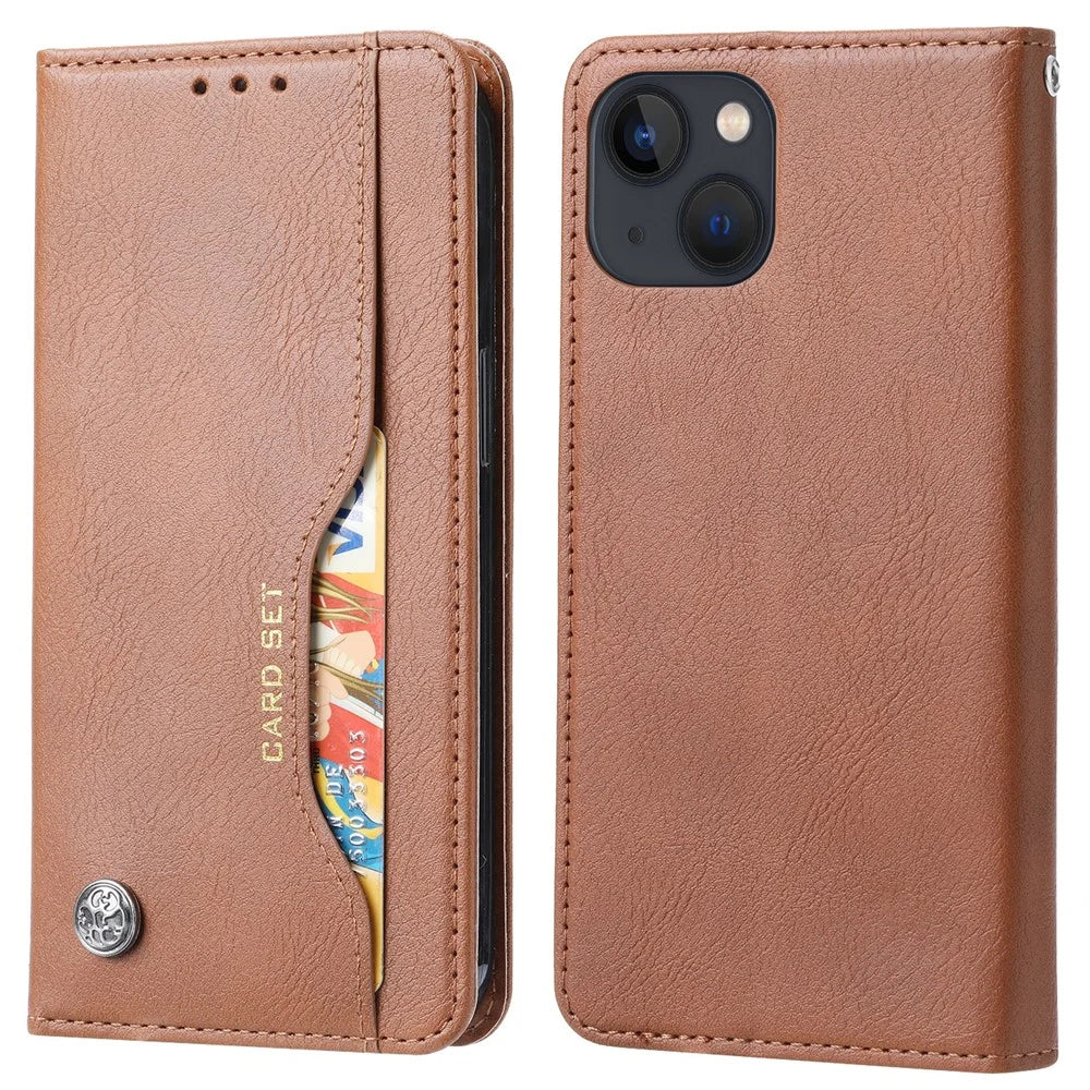 For iPhone 15 Magnetic Closing PU Leather Wallet Phone Cover Drop-proof Stand Case - Light Brown - 1