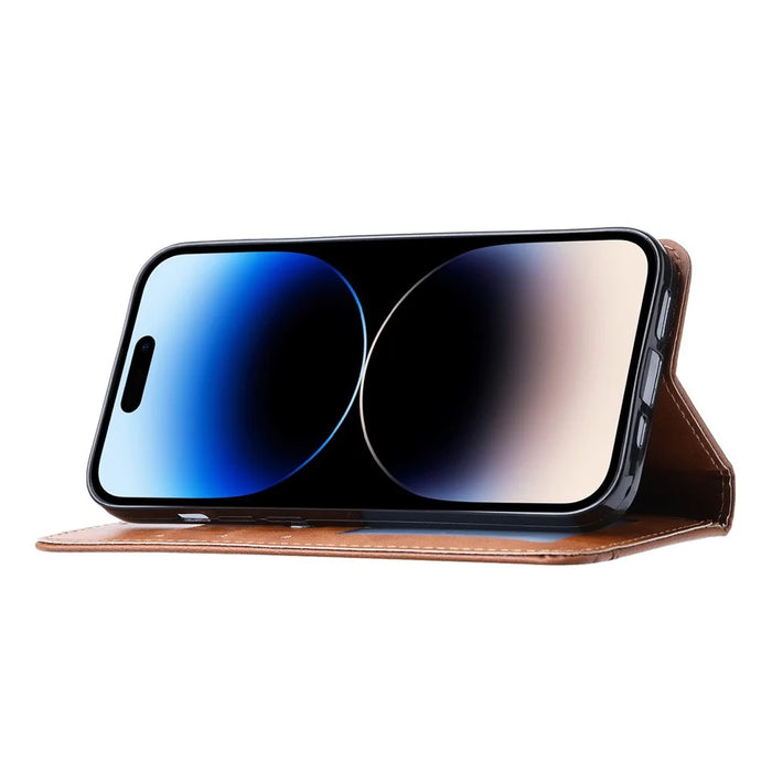 For iPhone 15 Magnetic Closing PU Leather Wallet Phone Cover Drop-proof Stand Case - Light Brown - 3