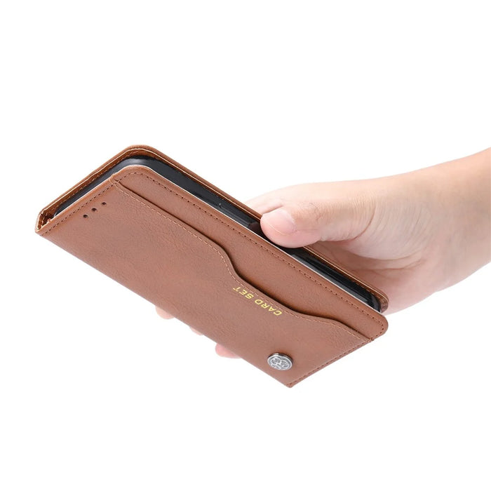 For iPhone 15 Magnetic Closing PU Leather Wallet Phone Cover Drop-proof Stand Case - Light Brown - 4