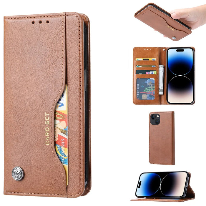 For iPhone 15 Magnetic Closing PU Leather Wallet Phone Cover Drop-proof Stand Case - Light Brown - 5