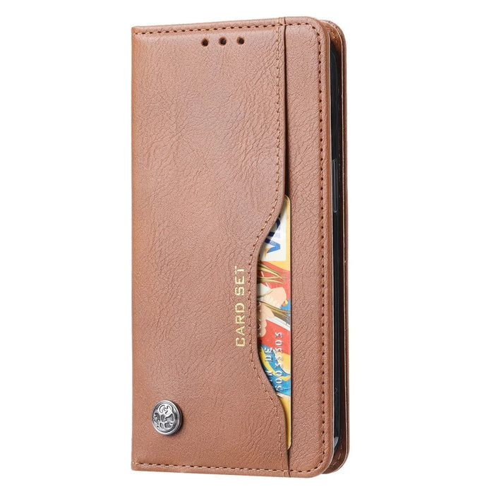 For iPhone 15 Magnetic Closing PU Leather Wallet Phone Cover Drop-proof Stand Case - Light Brown - 6