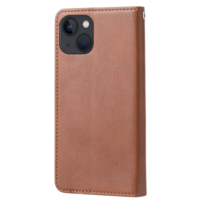 For iPhone 15 Magnetic Closing PU Leather Wallet Phone Cover Drop-proof Stand Case - Light Brown - 7
