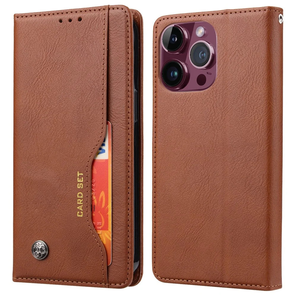 For iPhone 15 Pro Max Leather Stand Wallet Cover Magnetic Closing Anti-drop Phone Case - Light Brown - 1